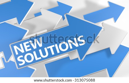 New Solutions - 3d render concept with blue and white arrows flying over a white background.