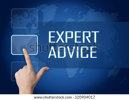 Expert Advice concept with interface and world map on blue background