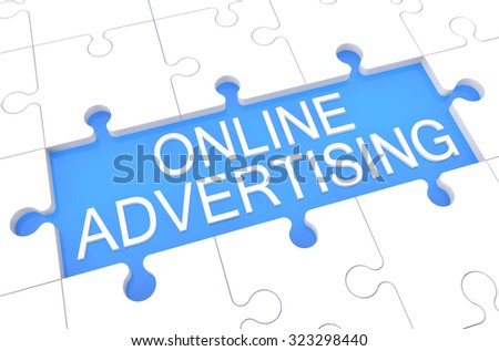 Online Advertising - puzzle 3d render illustration with word on blue background