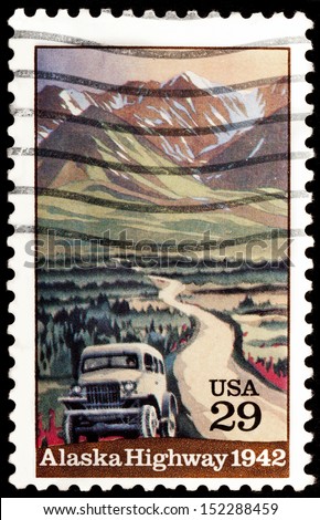 USA - CIRCA 1992: A stamp printed in United States of America shows Alaska Highway and the machine, circa 1992