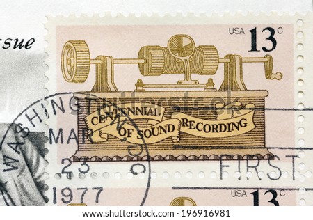 USA - CIRCA 1977: A stamp printed in United States of America shows Foil phonograth, centennial of sound recording, circa 1977