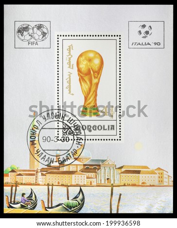 MONGOLIA - CIRCA 1990: a stamp printed in Mongolia shows world cup Trophy and city of Italy , 1990 World Cup Soccer Championshis, Italy, circa 1990