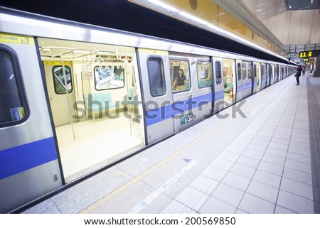 TAIPEI, TAIWAN - JUNE 20: Empty subway wagon on June 20, 2014 in Taipei. The Taipei MRT Subway is one of the best way to go ground Taipei city and new line is still under construction