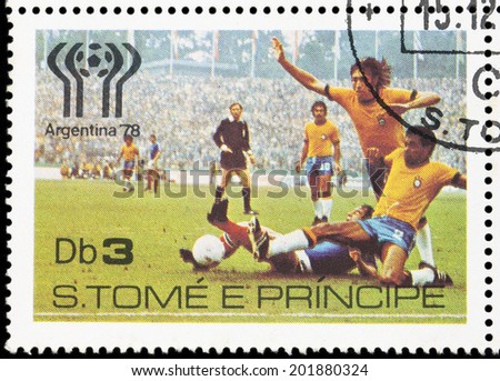 SAO TOME E PRINCIPE - CIRCA 1978: A post stamp printed in Sao Tome e Principe shows World Cup Championship, series Argentina, circa 1978