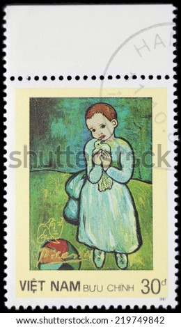 VIETNAM-CIRCA 1987: A stamp printed in Vietnam shows a canvas image of a Child Holding a Dove, done by Pablo Picasso, circa 1987