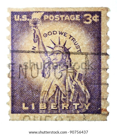 USA - CIRCA-1953:  A stamp printed in USA shows the stature of the liberty with the words \