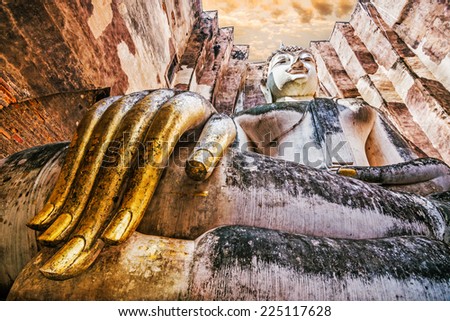 Ancient buddha statue. Sukhothai Historical Park,The old town of Thailand.