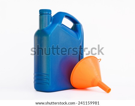 Lubricants plastic bottle and funnel on white background