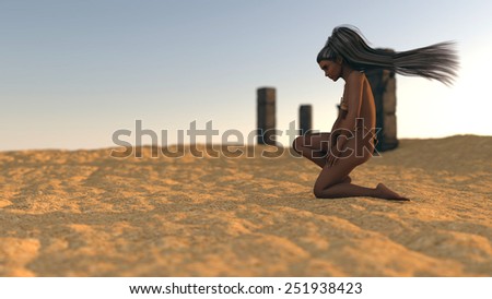 fantasy mystery girl in desert on ruins background