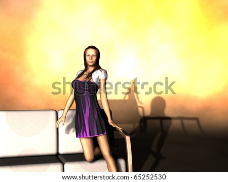 girl in violet dress posing near couch
