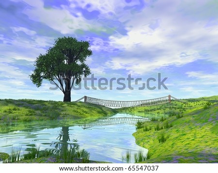 lonely tree river and rope bridge