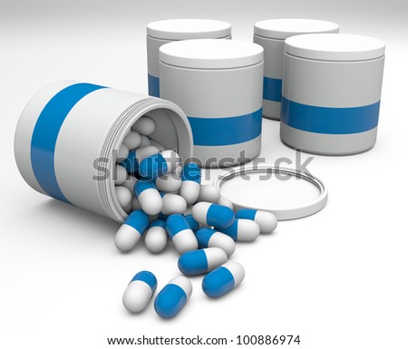 Medicine pills in a white bottle with blue logo on a white background.
