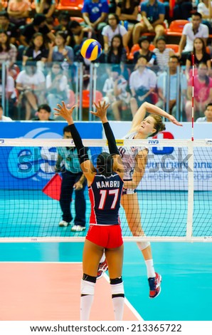 BANGKOK - AUGUST 17: Kelsey Robinson of USA Volleyball Team in action during The Volleyball World Grand Prix 2014 at Indoor Stadium Huamark on August 17, 2014 in Bangkok, Thailand.