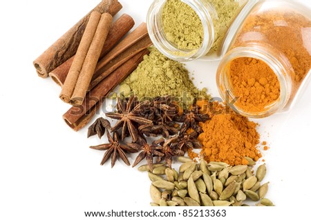 Herbs and spices Closeup Isolated White Background
