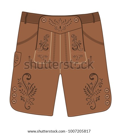 Traditional austrian and bavarian lederhosen (leather pants) decorated with floral embroidery. Oktoberfest outfit. Vector hand drawn illustration.