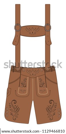 Traditional austrian and bavarian lederhosen (leather pants) decorated with floral embroidery. Oktoberfest outfit. Vector hand drawn illustration.