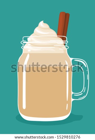 Traditional christmas eve winter drink eggnog with cinnamon stick and whipped cream in glass vintage mason jar. Delicious spicy chilled milk coffee beverage. Vector illustration.