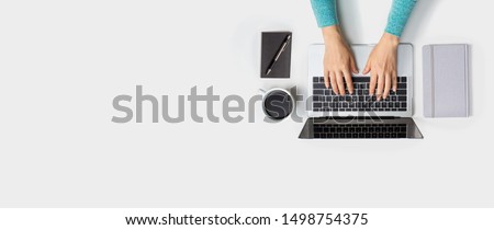 Similar – Image, Stock Photo hand working on laptop close up with notes in home office, remote work copy space