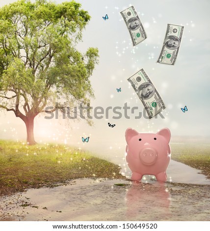 Dollar bills falling in or flying out of a pink piggy bank in a fantasy landscape