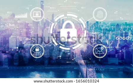 Internet network security concept with the New York City skyline near midtown