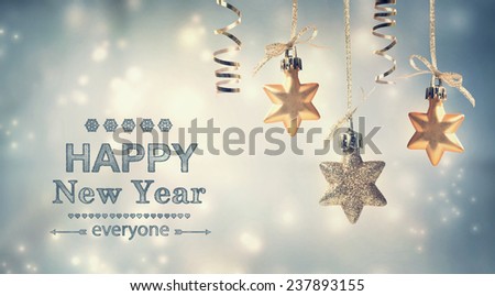 Happy New Year Everyone Text With Hanging Star Ornaments Stock Photo