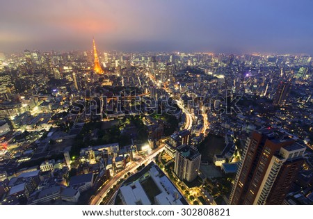 Aerial view of Tokyo with a view of Tokyo Tower in the background at night