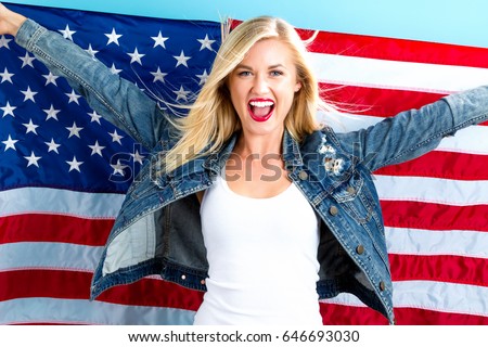 Similar – Image, Stock Photo American woman with flag sitting on road