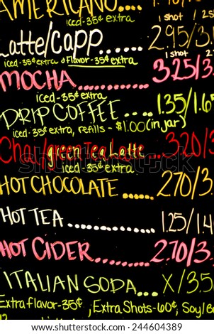 Hand Written Menu in a Coffee Shop listing all the available drinks