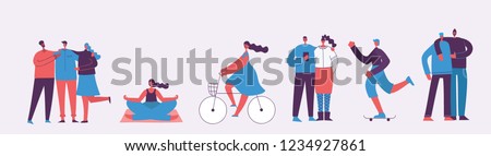 Vector illustration in a flat style of different activities people characters - dancing, working, doing sport activities and the friends.