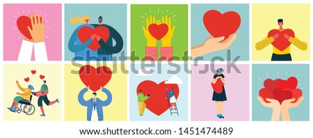 Share your Love. Hands and people with hearts as love massages. Vector illustration for Valentine's day in the modern flat style