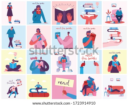Vector concept illustrations of World Book Day, Reading the books and Book festival in the flat style. People sit, stand and walk and read a book
