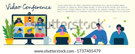 Video conference online business meetup. People use video chat on desktop and laptop to make conference. Flat modern vector illustration. 