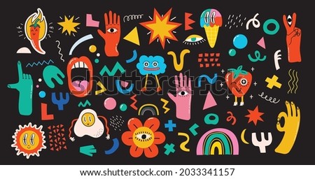 Big Set of Different colored Vector illustartions in Cartoon Flat design. Hand drawn Abstract shapes, funny cute