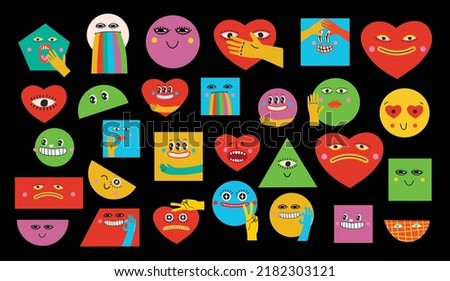 Collection of Round, Square, Triangular and heart shape abstract comic Faces with various Emotions. Crazy Abstract comic geometric shape elements and faces. Vector Illustration