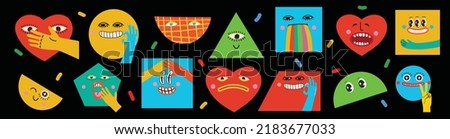 Collection of Round, Square, Triangular and heart shape abstract comic Faces with various Emotions. Crazy Abstract comic geometric shape elements and faces. Vector Illustration