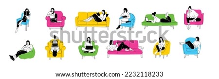 Girls sitting in armchair, sofa at home. Woman with laptop, mobile phone and book on the chair, sofa. Freelance or studying concept. Female character, chatting online using laptop, resting