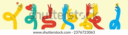 Cartoon stretched, flexible long hands abstract drawn comic vector illustrations. Set of Hand multicolored different signs and symbols. Drawing style Sticker decals. Retro Y2K.