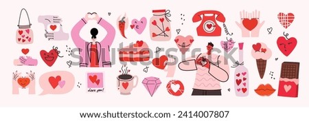 Valentine day elements huge vector set. Gifts, couple in love, chocolate, hearts, envelopes, desserts, floral bouquets, lips and other traditional decorations. Perfect for stickers and greeting cards.