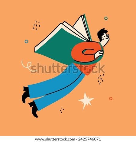 World Book Day graphics - book week events. Modern flat vector concept illustration of reading people, young man reading book flying in the sky in retro style