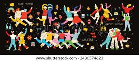 Happy women or girls together and holding hands. Group of female friends, union of feminists, sisterhood. Flat cartoon characters isolated on the background. Colorful vector illustration.