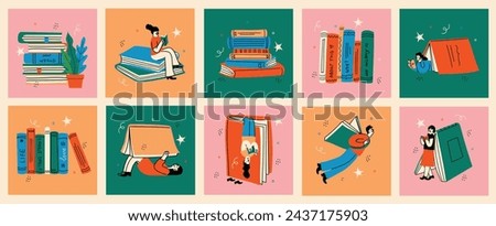 Book concepts set. Happy readers reading books and flying, laying , sitting everywhere. Flat trendy retro vector illustrations isolated on white background