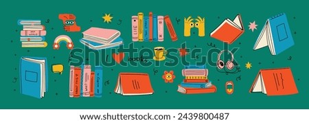 World book day. Stack of hand drawn books, vertical books and coffee isolated educational vector illustrations. Book concepts set.