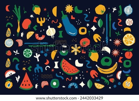 Healthy organic vegan food. Cooking dietary dishes. Vegetarian cafe. Set of icons in flat geometric style. Abstract signs, Vegetables, fruits, salads vector illustration.