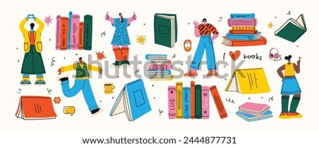 Book concepts set. Happy readers reading books and flying, laying , sitting everywhere. Flat trendy retro vector illustrations isolated on white background