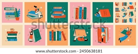 Book concepts set. Happy readers reading books and flying, laying , sitting everywhere. Flat trendy retro vector illustrations isolated on white background