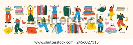 Book concepts set. Happy readers reading books and flying, laying , sitting everywhere. Flat trendy retro vector illustrations isolated on white background