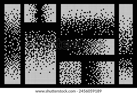 Pixel disintegration color backgrounds. Decay effect. Dispersed dotted pattern. Concept of disintegration, pixel mosaic textures with simple square particles.