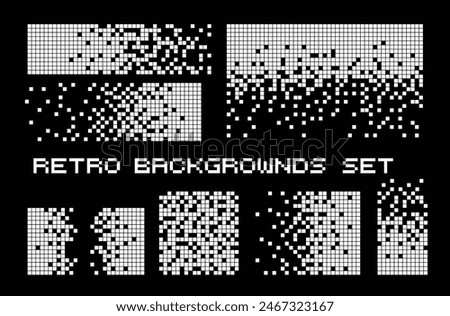 Pixel disintegration color backgrounds. Decay effect. Dispersed dotted pattern. Concept of disintegration, pixel mosaic textures with simple square particles.