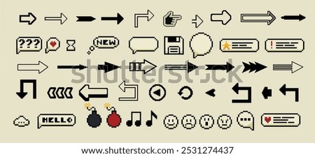 Arrows big black set icons , vector collection in different styles. 8 Bit pixel arrows vector big set of icons, collection of arrow direction cursors in old PC or gaming console style