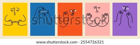 Comic emoji color icons with hands and eyes. Various finger gestures, signs and symbols. Vector cartoon abstract trendy flat isolated face emotions set